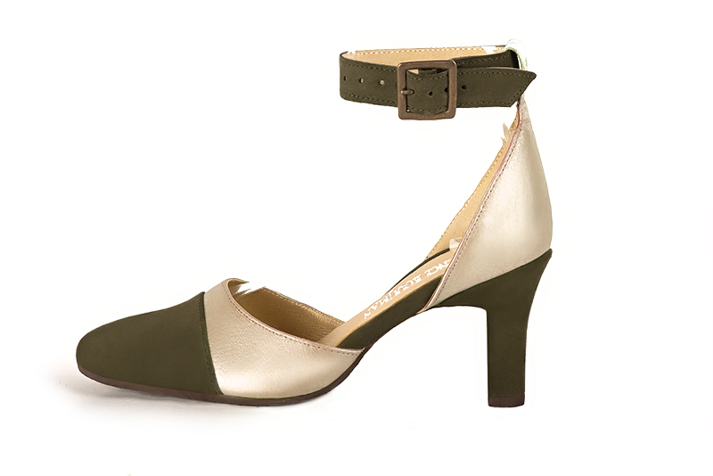 Khaki green and gold women's open side shoes, with a strap around the ankle. Round toe. High kitten heels. Profile view - Florence KOOIJMAN